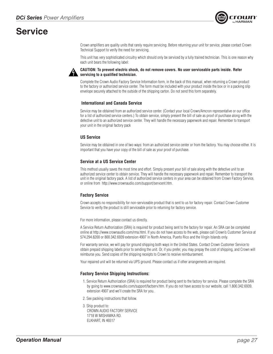 Service | Crown Audio DCi Series – Analog Input Models User Manual | Page 27 / 32