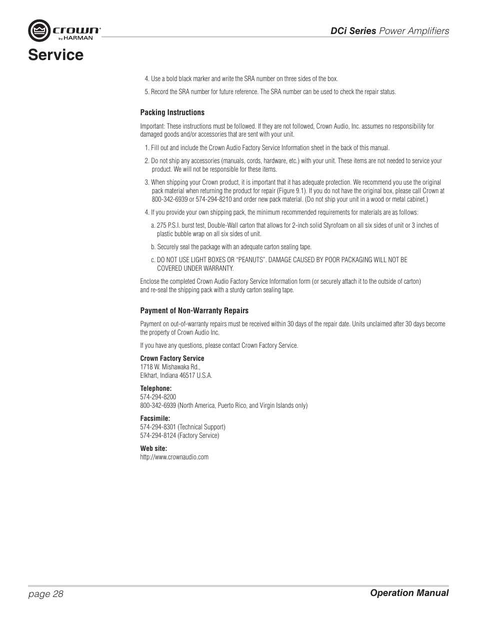 Service | Crown Audio DCi Series – Analog Input Models User Manual | Page 28 / 32