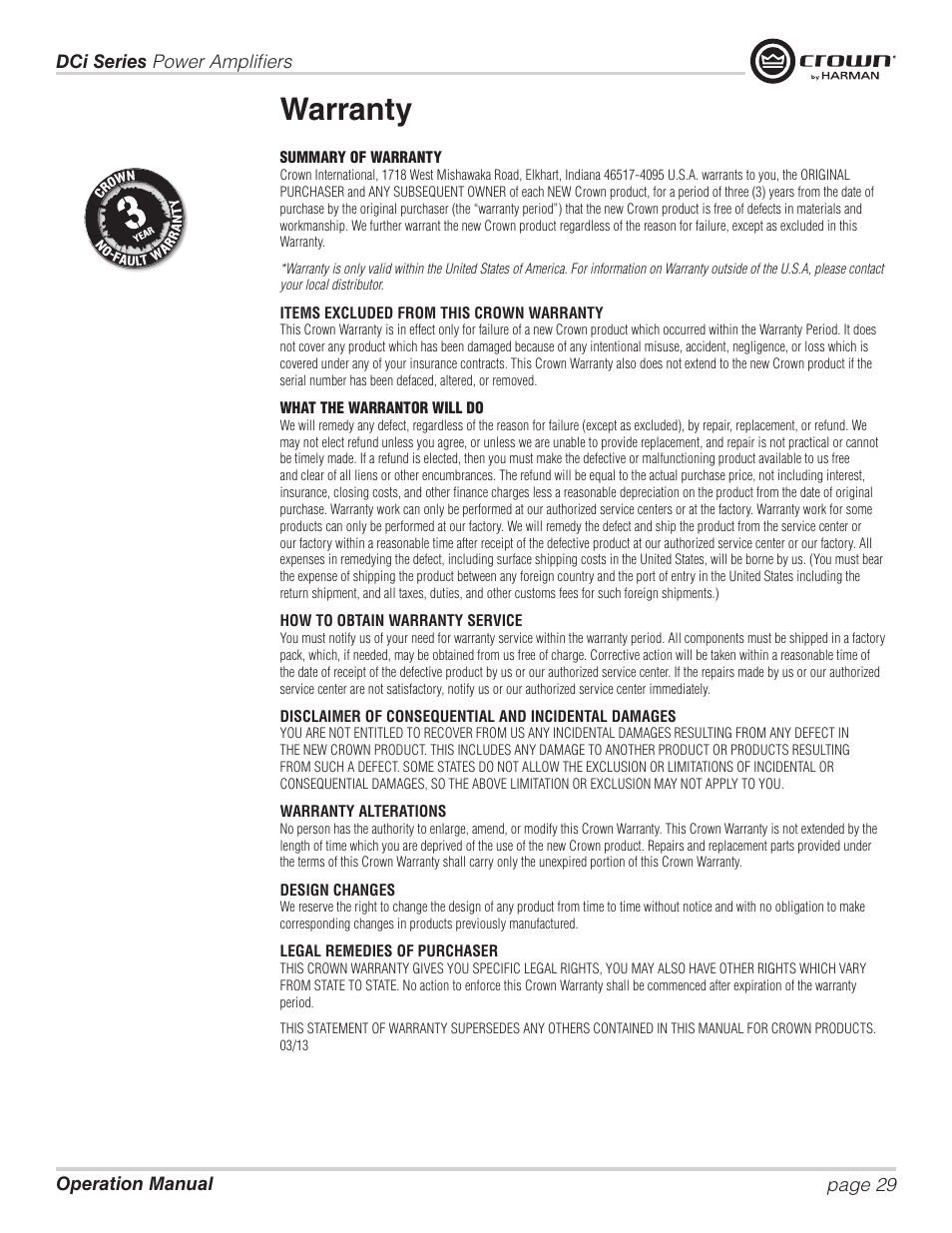 Warranty | Crown Audio DCi Series – Analog Input Models User Manual | Page 29 / 32