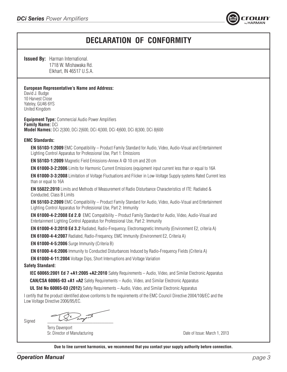Declaration of conformity | Crown Audio DCi Series – Analog Input Models User Manual | Page 3 / 32
