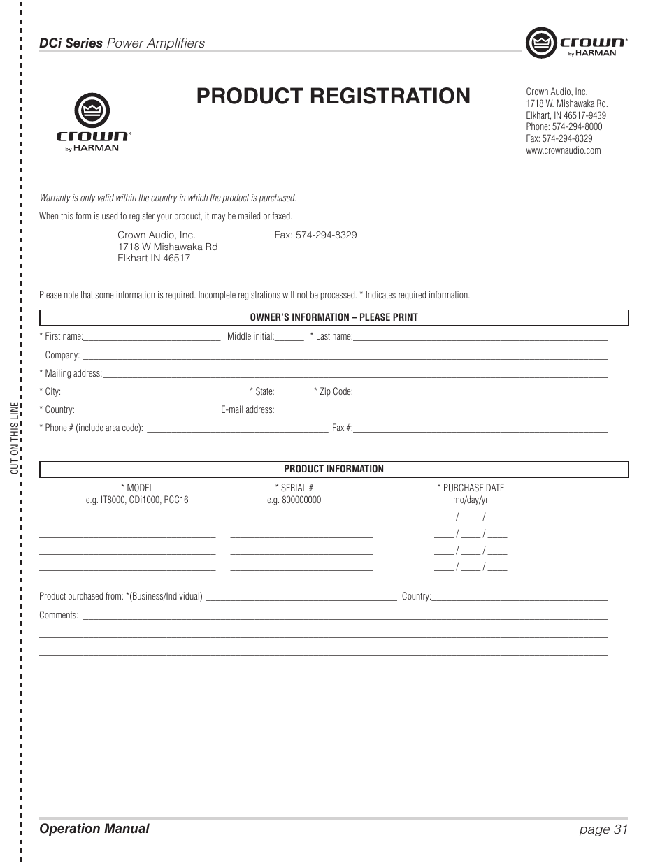 Product registration | Crown Audio DCi Series – Analog Input Models User Manual | Page 31 / 32