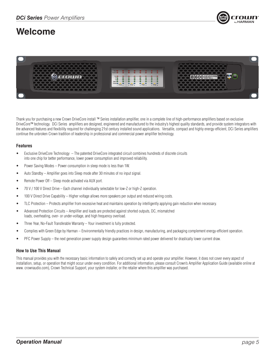 Welcome | Crown Audio DCi Series – Analog Input Models User Manual | Page 5 / 32