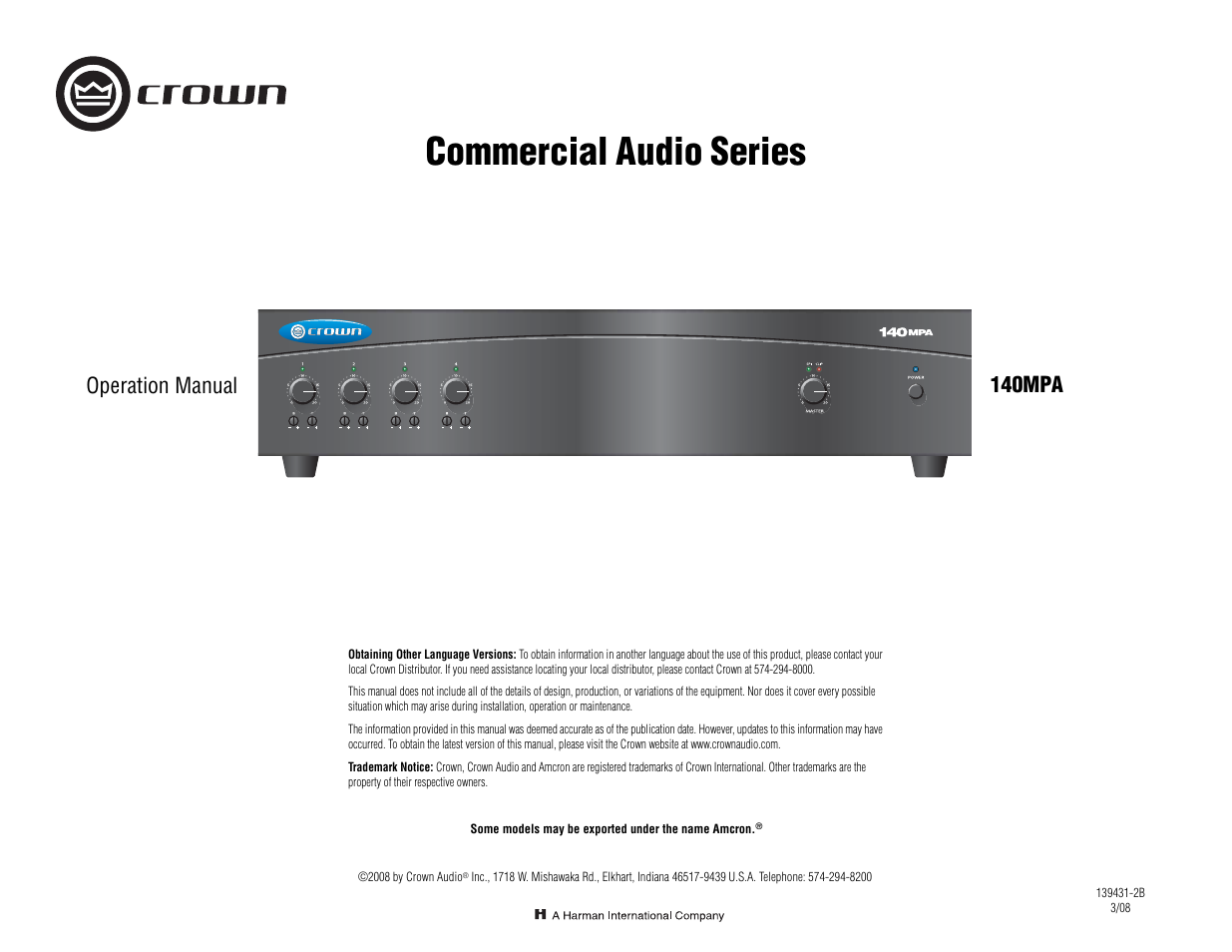 Crown Audio 140MPA User Manual | 24 pages