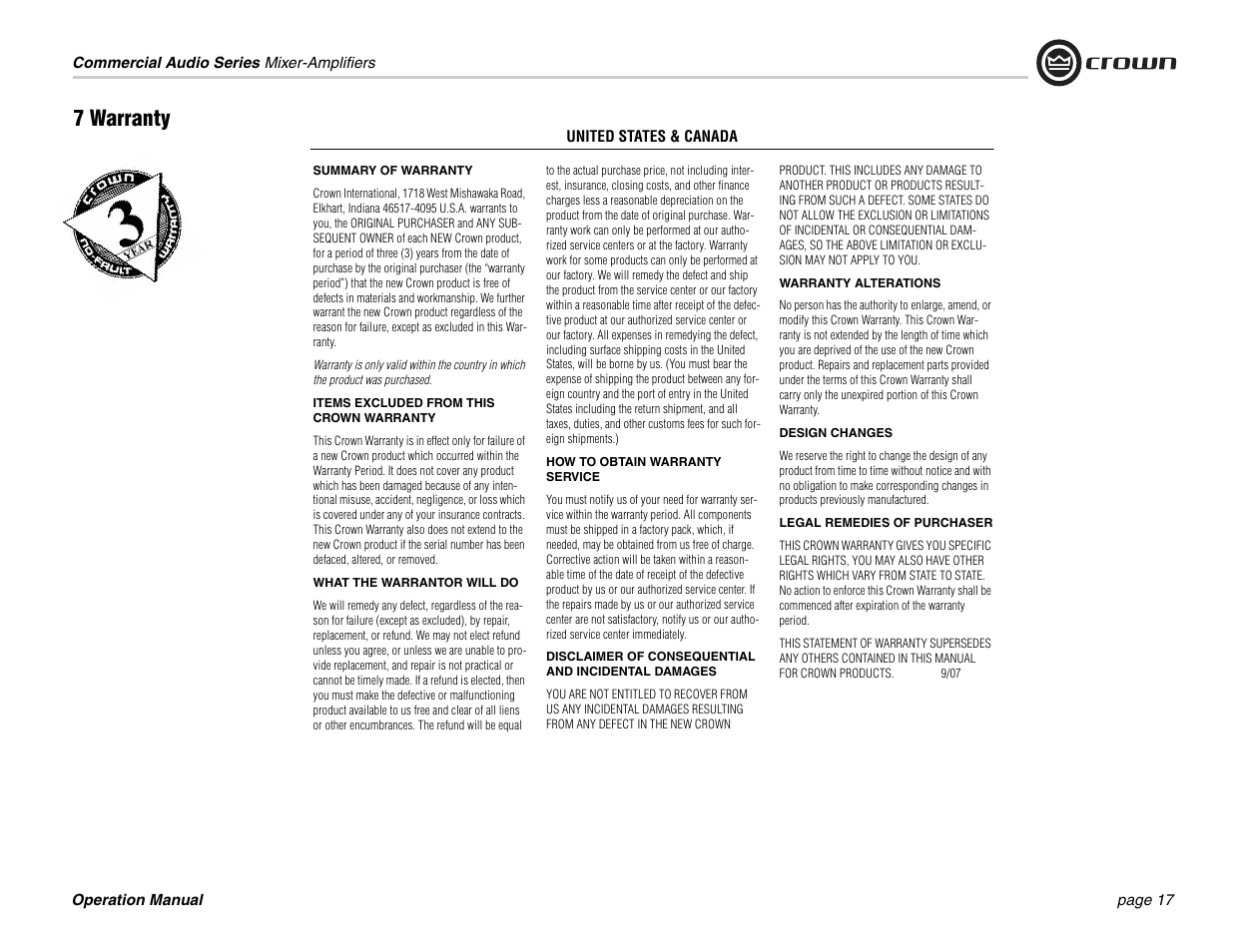 7 warranty | Crown Audio 140MPA User Manual | Page 17 / 24