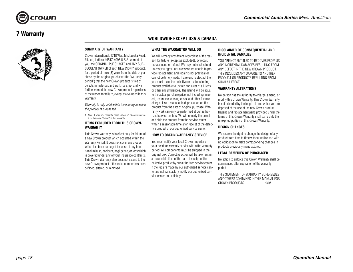 7 warranty | Crown Audio 140MPA User Manual | Page 18 / 24