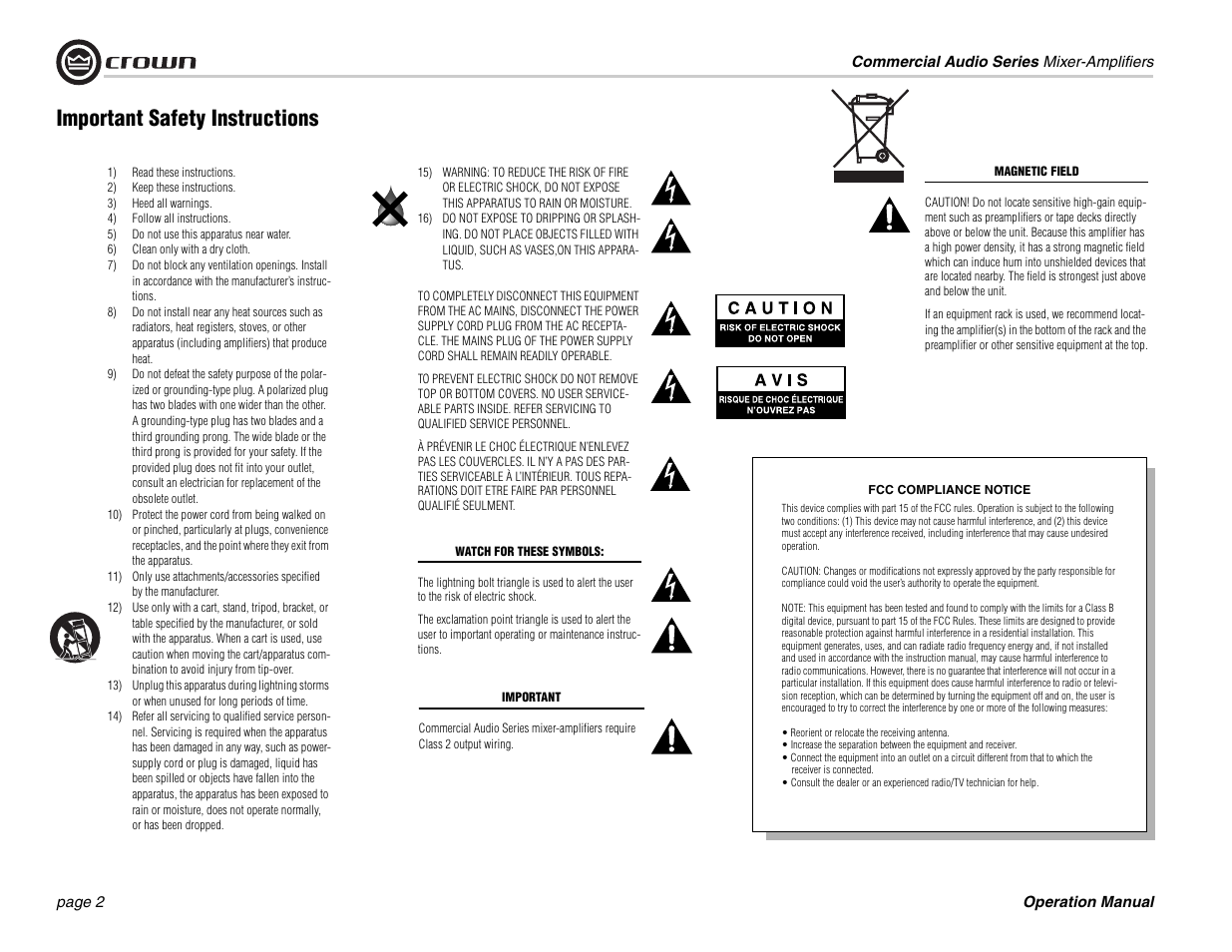 Important safety instructions | Crown Audio 140MPA User Manual | Page 2 / 24