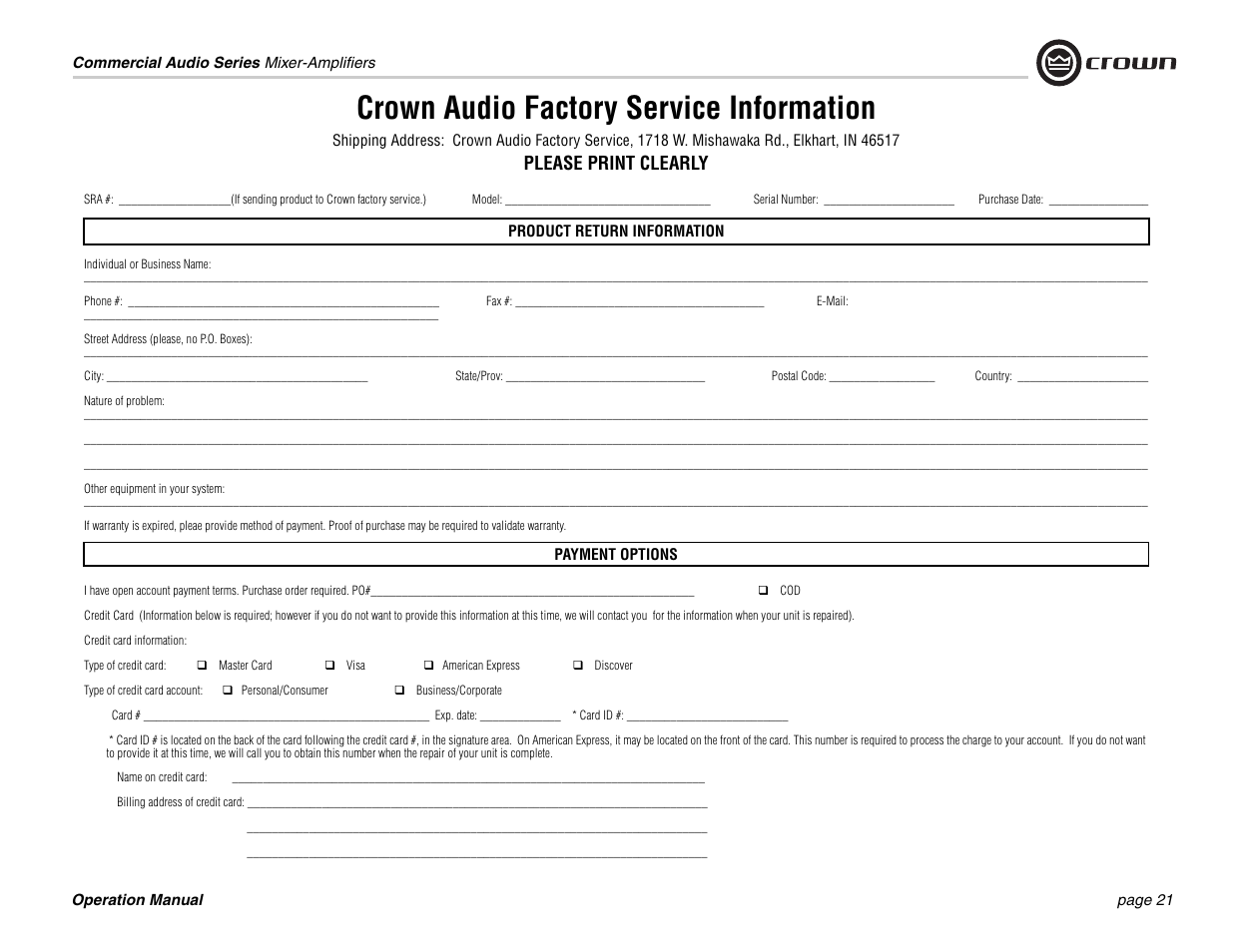 Crown audio factory service information, Please print clearly | Crown Audio 140MPA User Manual | Page 21 / 24