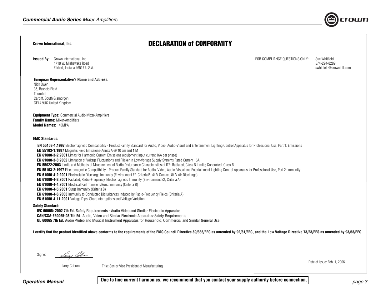 Declaration of conformity | Crown Audio 140MPA User Manual | Page 3 / 24