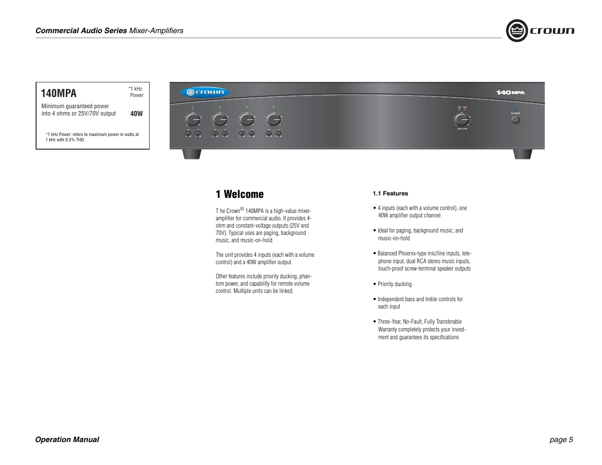 1 welcome, 140mpa | Crown Audio 140MPA User Manual | Page 5 / 24