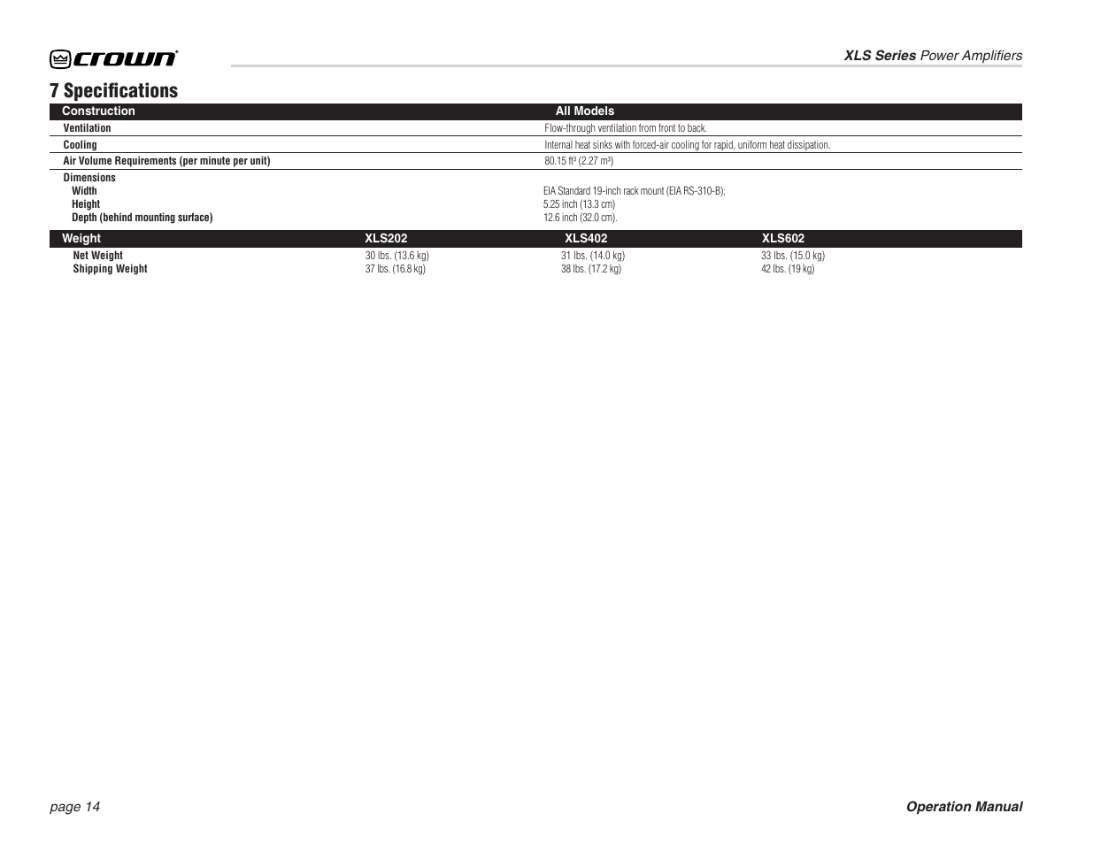 7 specifi cations | Crown Audio XLS Series (3 rack space height) User Manual | Page 14 / 20