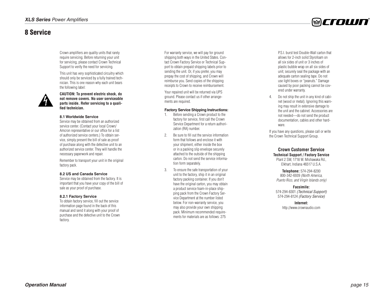 8 service | Crown Audio XLS Series (3 rack space height) User Manual | Page 15 / 20