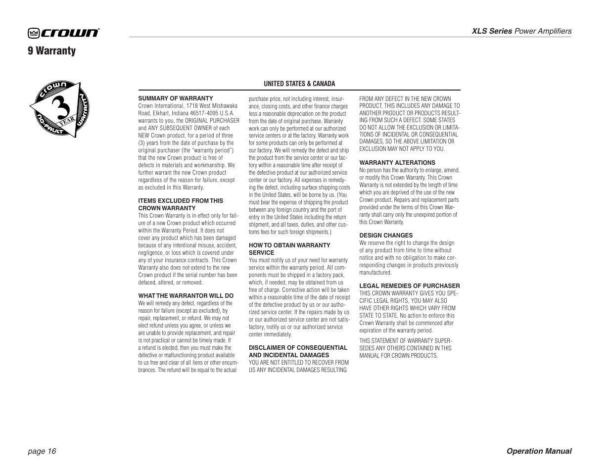 9 warranty | Crown Audio XLS Series (3 rack space height) User Manual | Page 16 / 20