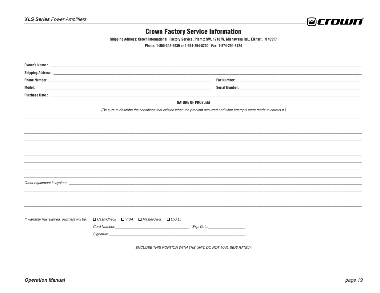 Crown factory service information | Crown Audio XLS Series (3 rack space height) User Manual | Page 19 / 20