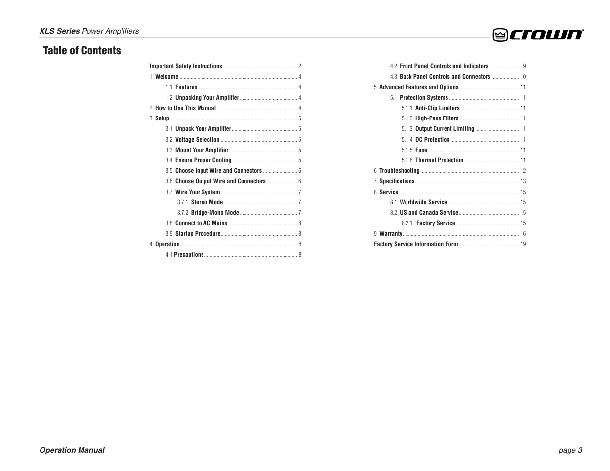 Crown Audio XLS Series (3 rack space height) User Manual | Page 3 / 20