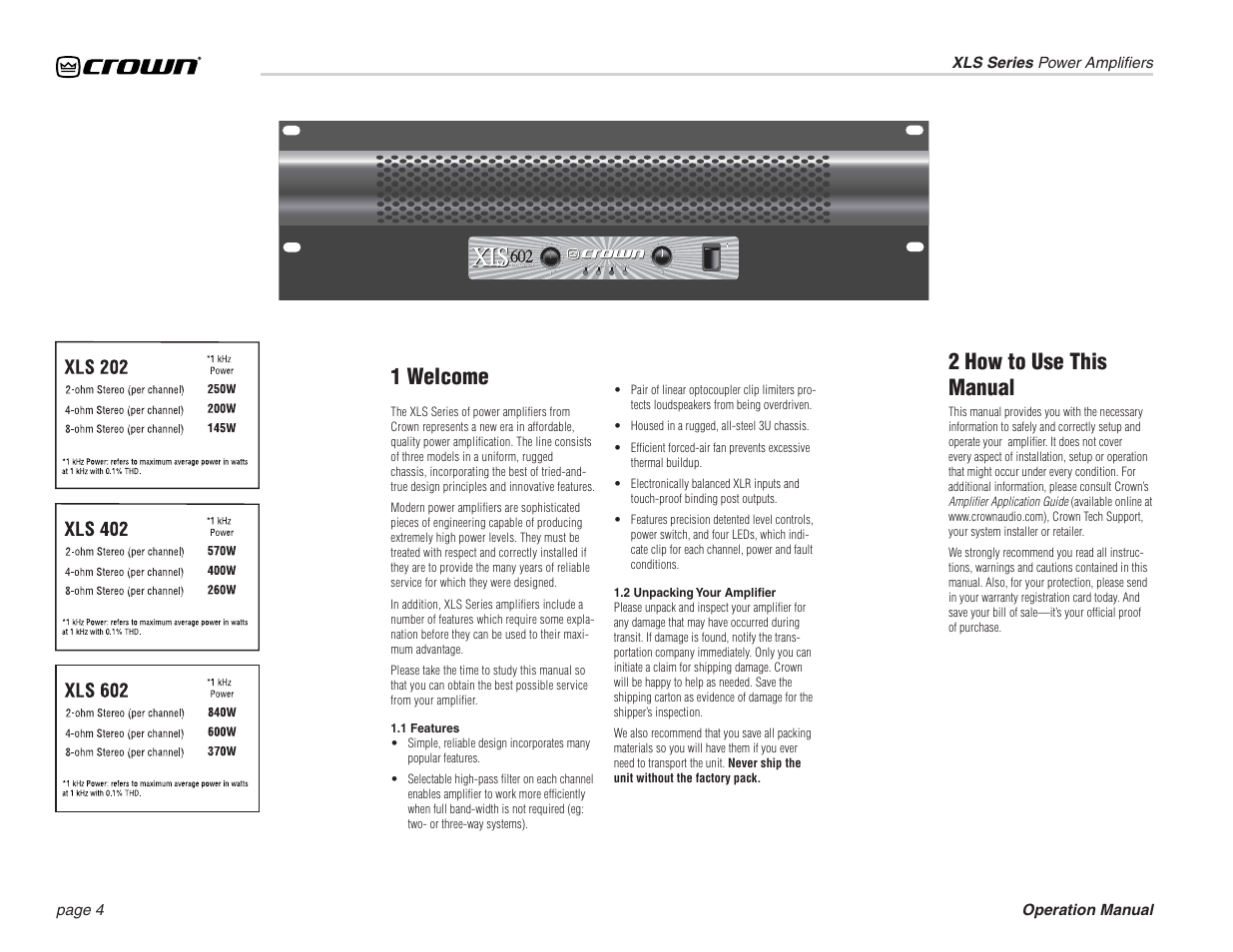 1 welcome 2 how to use this manual | Crown Audio XLS Series (3 rack space height) User Manual | Page 4 / 20