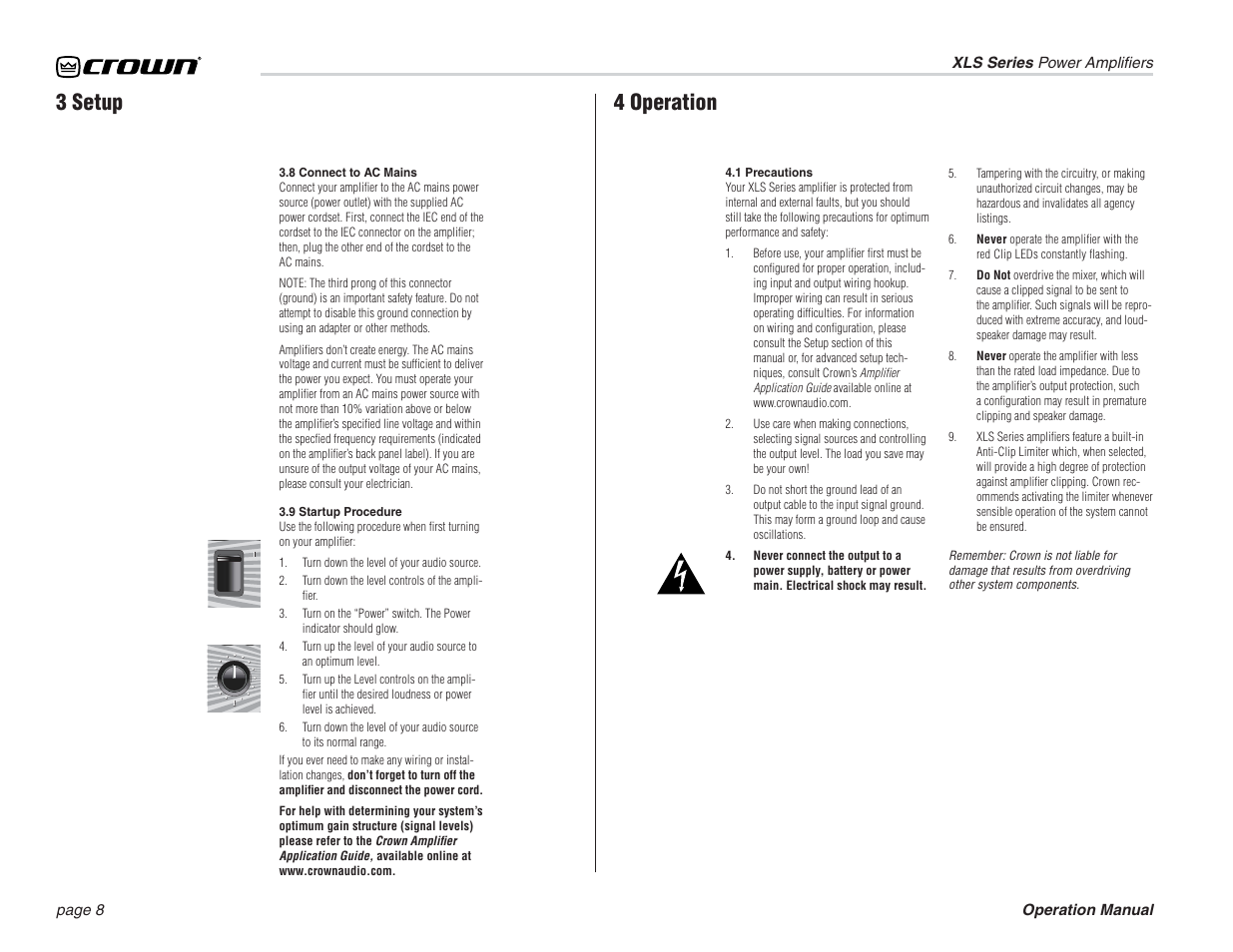4 operation, 3 setup | Crown Audio XLS Series (3 rack space height) User Manual | Page 8 / 20
