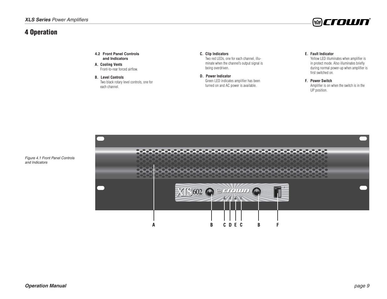 4 operation | Crown Audio XLS Series (3 rack space height) User Manual | Page 9 / 20