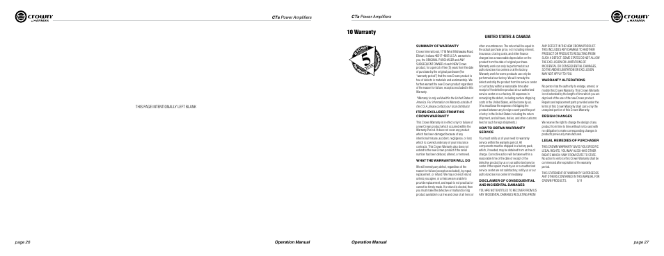 10 warranty | Crown Audio CTs Series (Multi-Channel) User Manual | Page 14 / 17