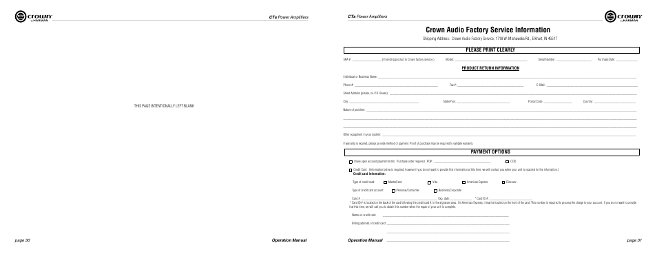 Crown audio factory service information, Please print clearly, Payment options | Crown Audio CTs Series (Multi-Channel) User Manual | Page 16 / 17