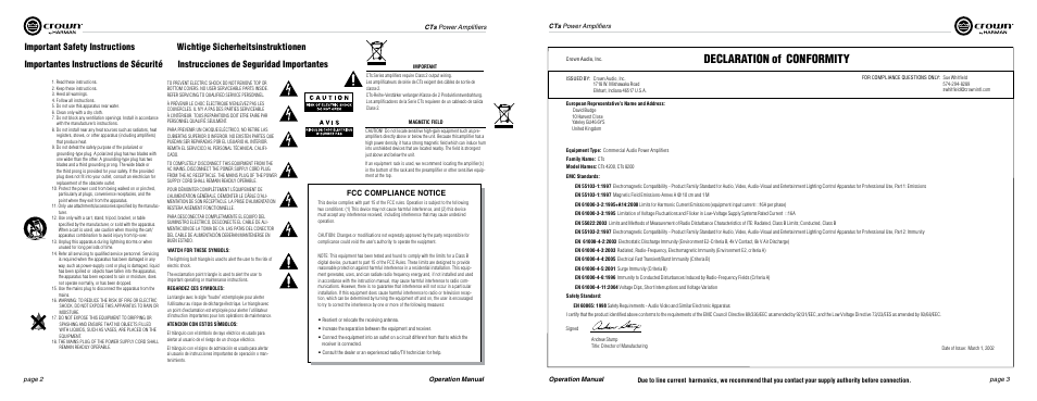 Declaration of conformity, Important safety instructions, Fcc compliance notice | Crown Audio CTs Series (Multi-Channel) User Manual | Page 2 / 17