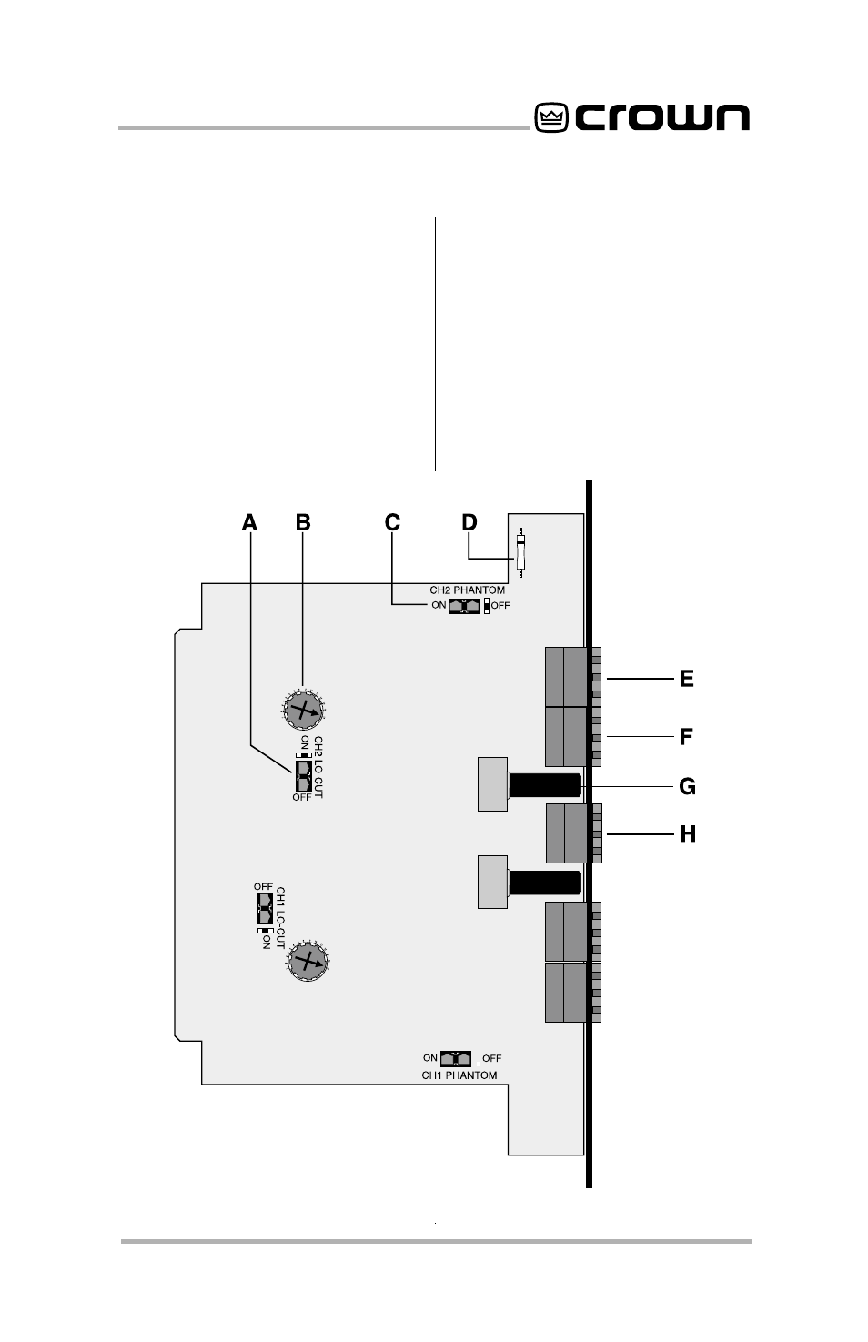F. balanced mic input, G. mic input gain control, H. remote switch input | Crown Audio P.I.P.-PA User Manual | Page 5 / 20