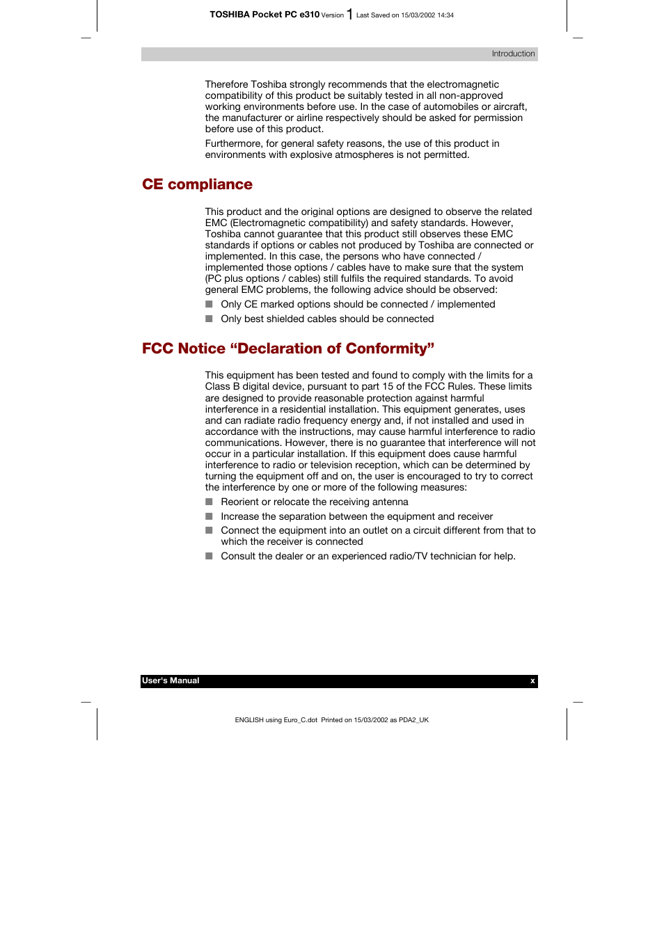 Ce compliance, Fcc notice “declaration of conformity | Toshiba Pocket PC e310 User Manual | Page 10 / 104