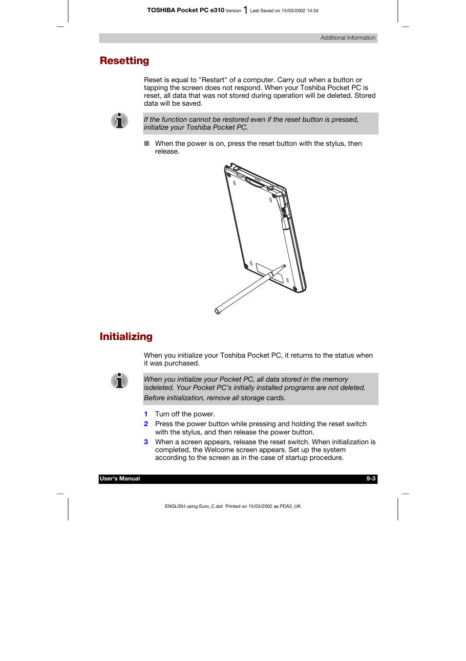 Resetting, Initializing | Toshiba Pocket PC e310 User Manual | Page 102 / 104