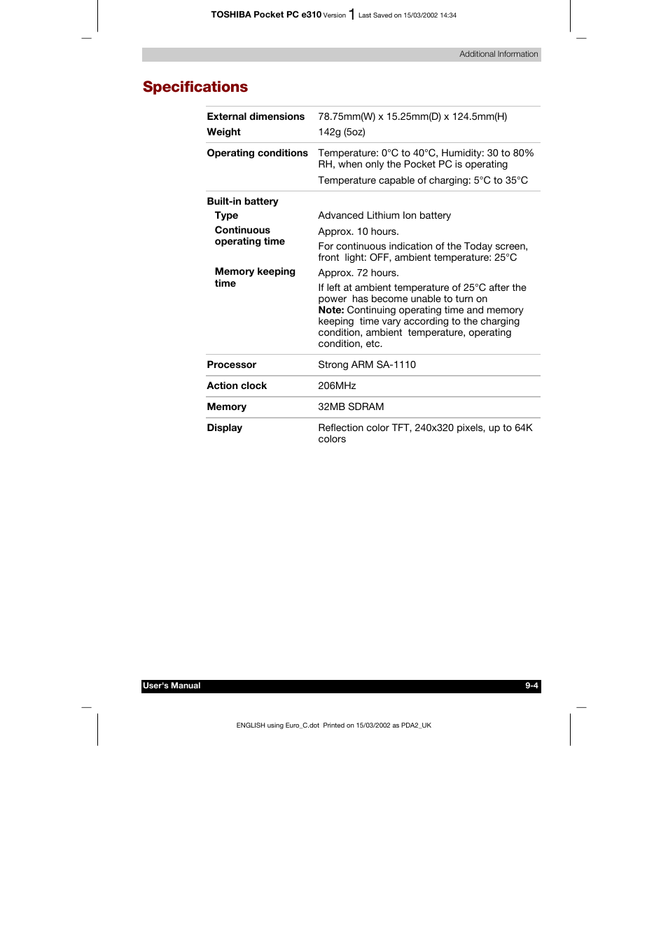 Specifications | Toshiba Pocket PC e310 User Manual | Page 103 / 104