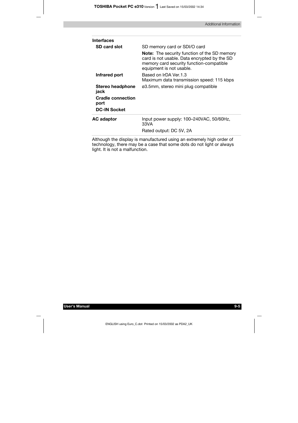 Toshiba Pocket PC e310 User Manual | Page 104 / 104