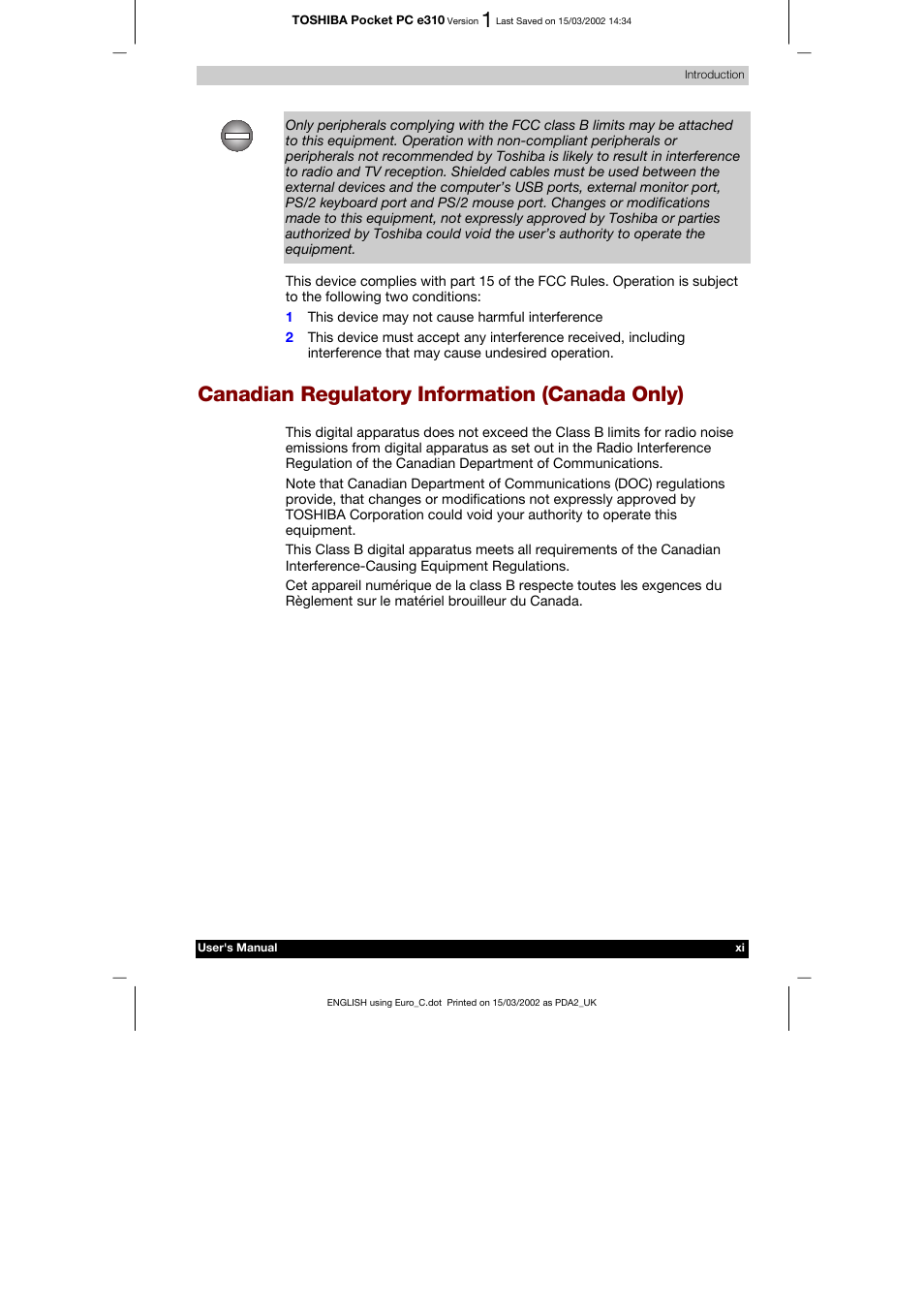 Canadian regulatory information (canada only) | Toshiba Pocket PC e310 User Manual | Page 11 / 104