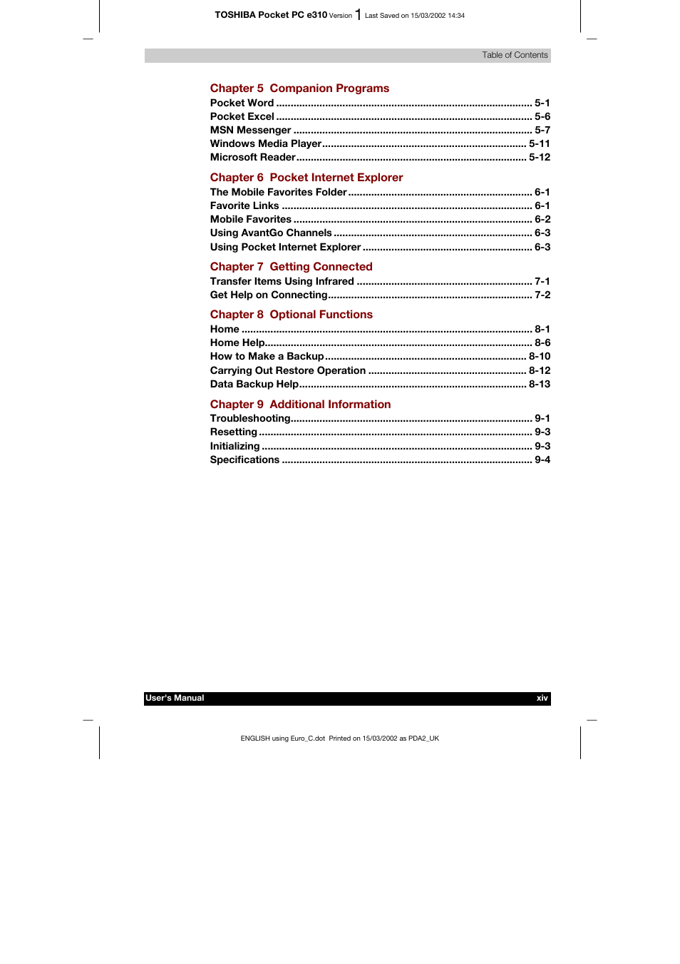 Toshiba Pocket PC e310 User Manual | Page 14 / 104
