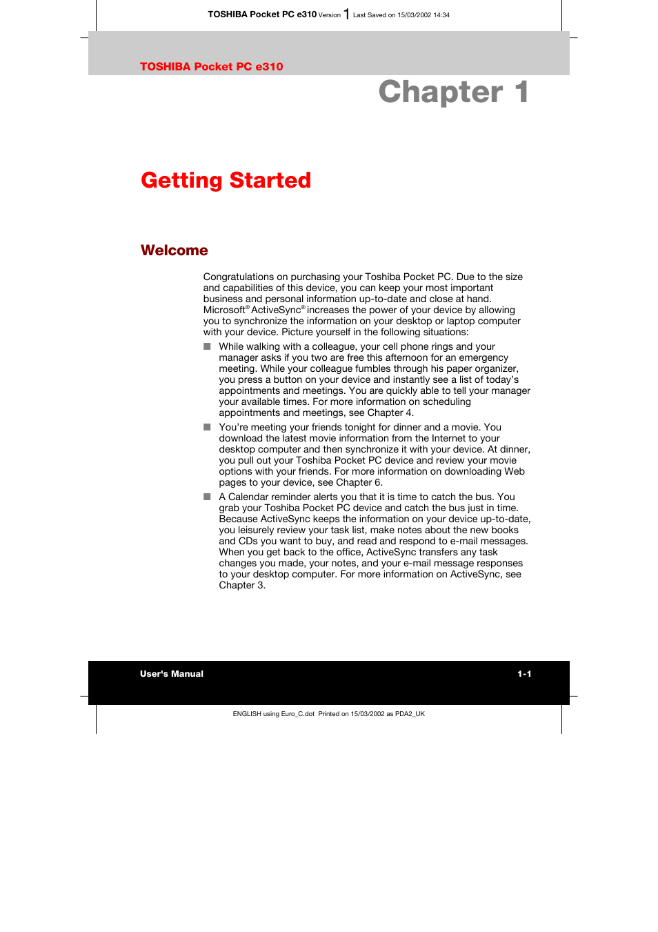 Chapter 1 getting started, Welcome, Chapter 1 | Getting started | Toshiba Pocket PC e310 User Manual | Page 15 / 104