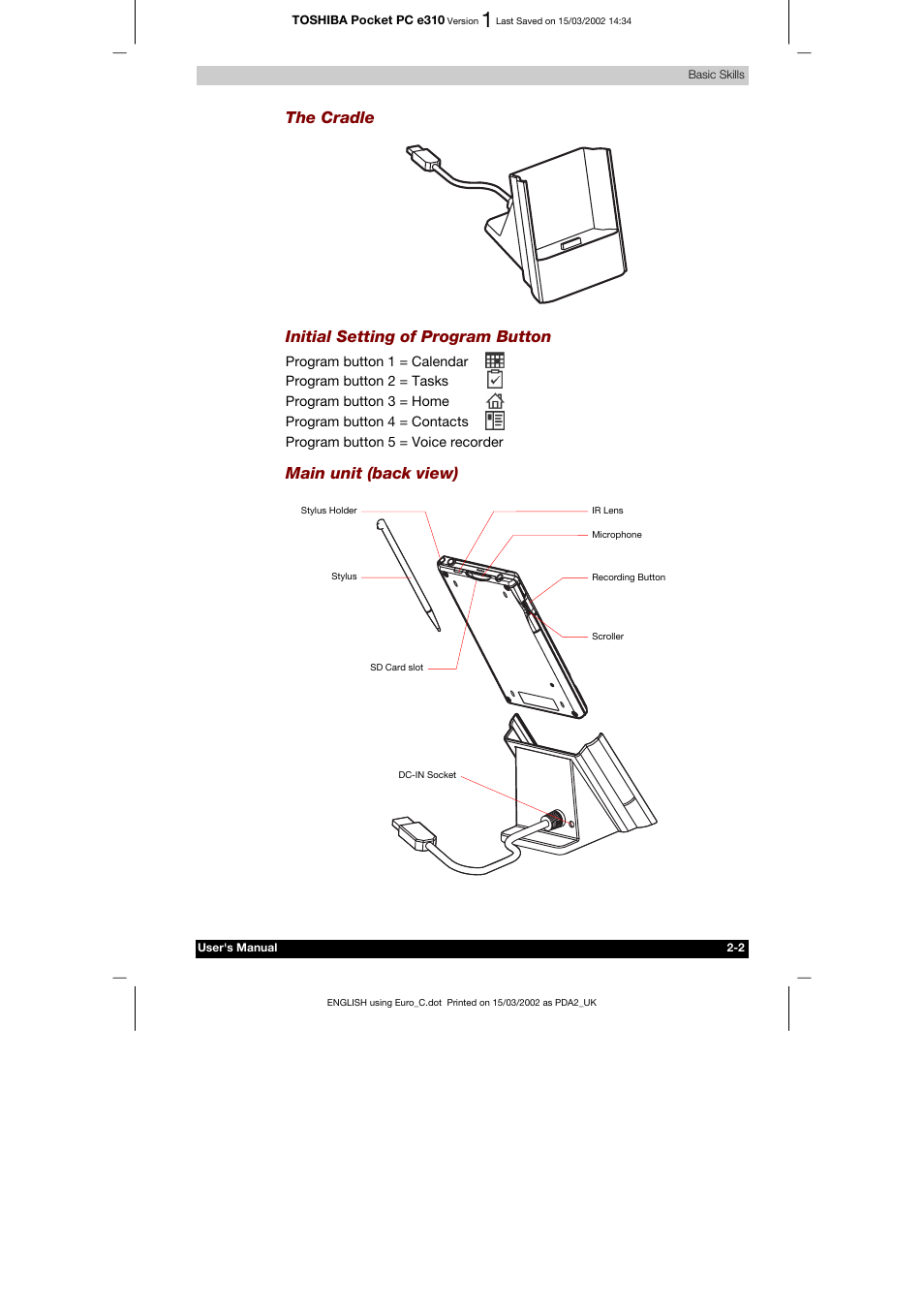 The cradle, Initial setting of program button, Main unit (back view) | Toshiba Pocket PC e310 User Manual | Page 18 / 104