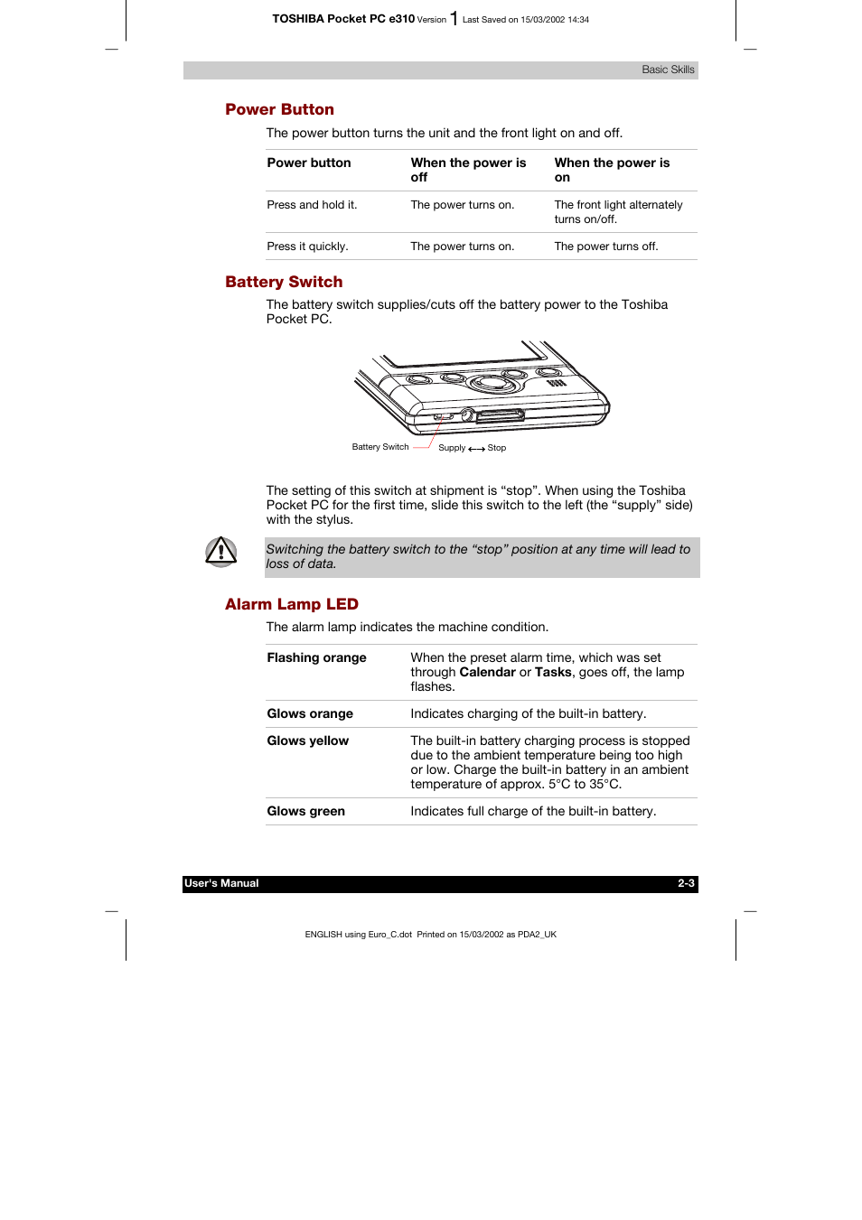 Power button, Battery switch, Alarm lamp led | Toshiba Pocket PC e310 User Manual | Page 19 / 104