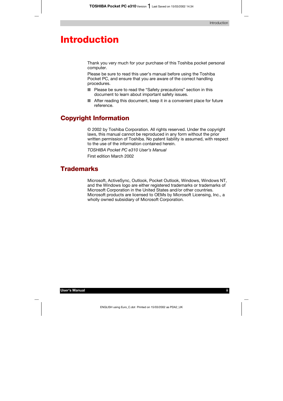 Introduction, Copyright information, Trademarks | Toshiba Pocket PC e310 User Manual | Page 2 / 104