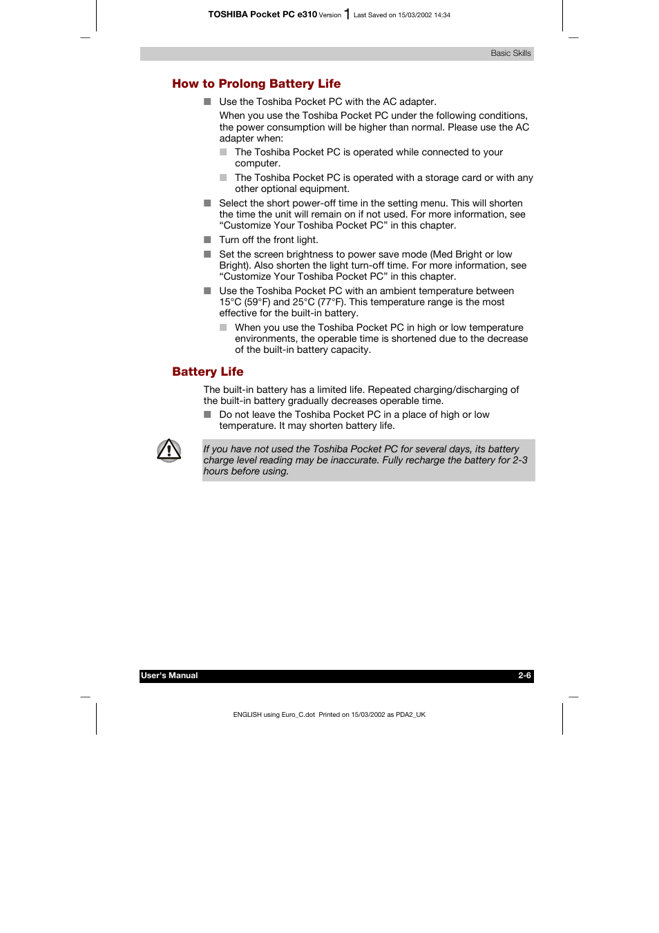 How to prolong battery life, Battery life | Toshiba Pocket PC e310 User Manual | Page 22 / 104