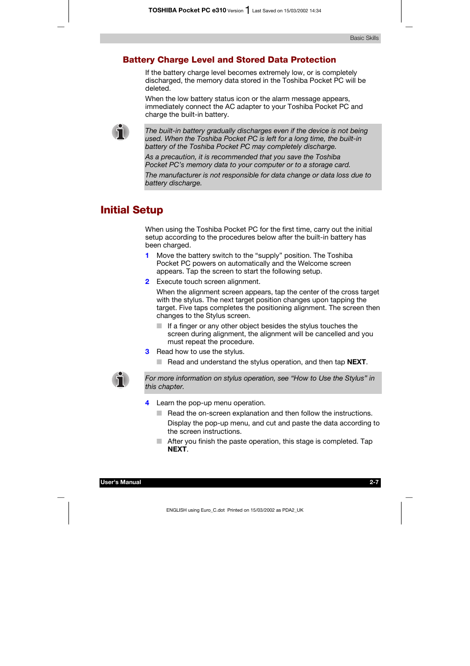 Battery charge level and stored data protection, Initial setup, Programs -14 | Toshiba Pocket PC e310 User Manual | Page 23 / 104