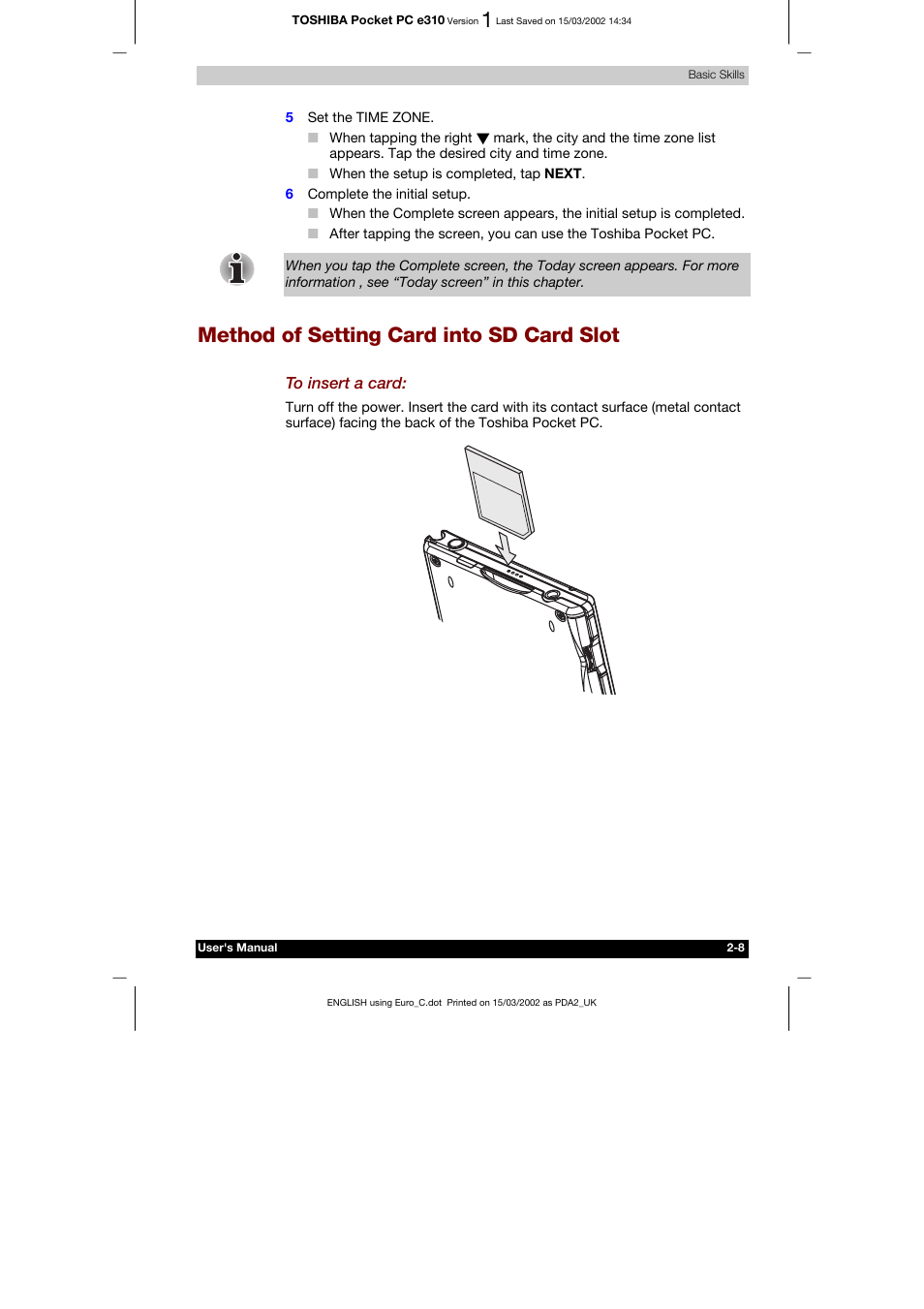 Method of setting card into sd card slot, Navigation bar and command bar -15 | Toshiba Pocket PC e310 User Manual | Page 24 / 104