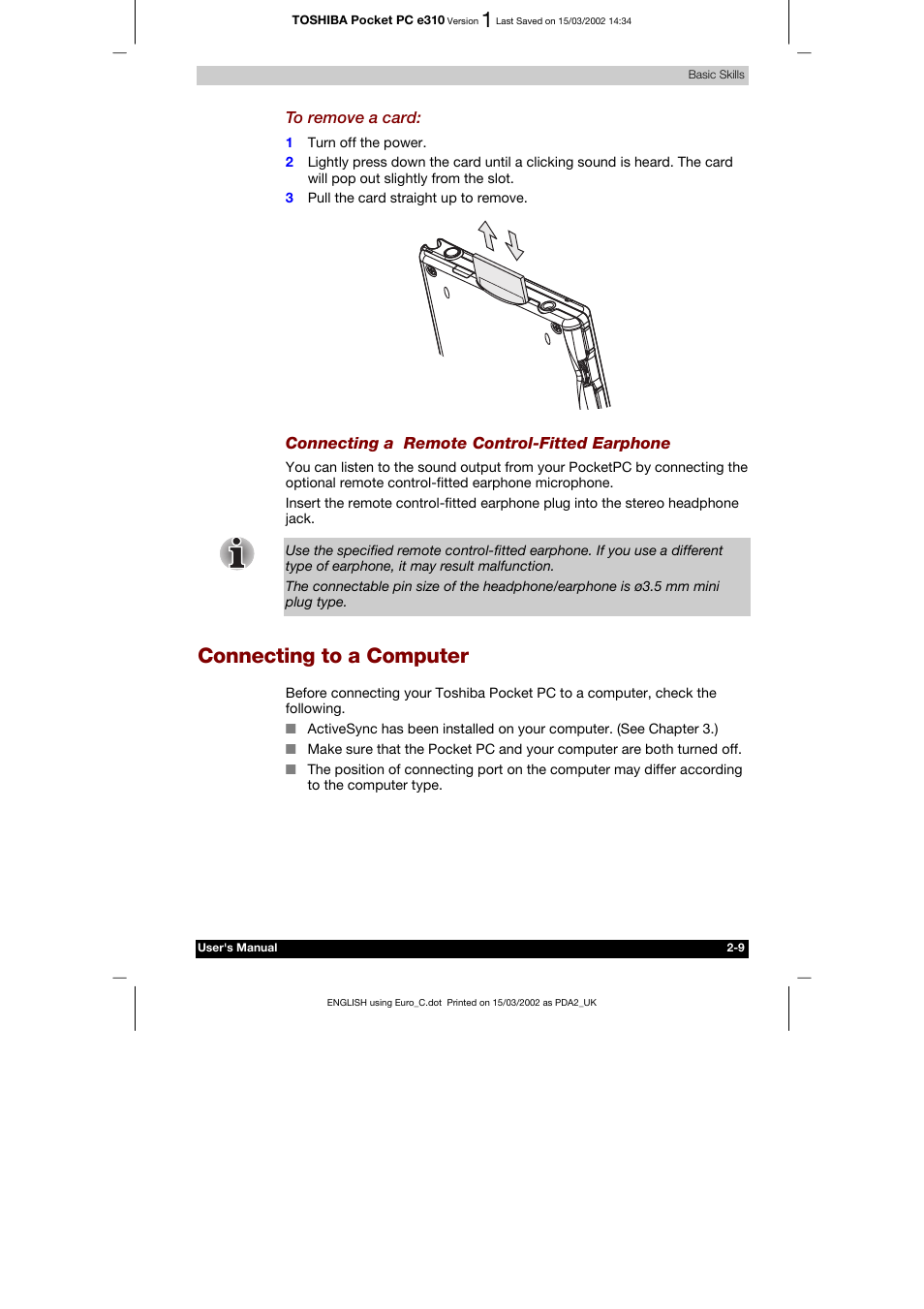 Connecting to a computer, Pop-up menus -16 | Toshiba Pocket PC e310 User Manual | Page 25 / 104