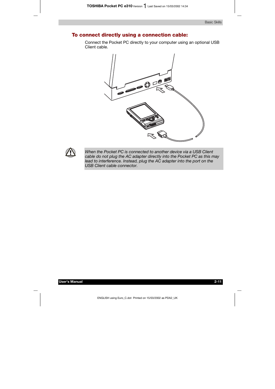 To connect directly using a connection cable | Toshiba Pocket PC e310 User Manual | Page 27 / 104