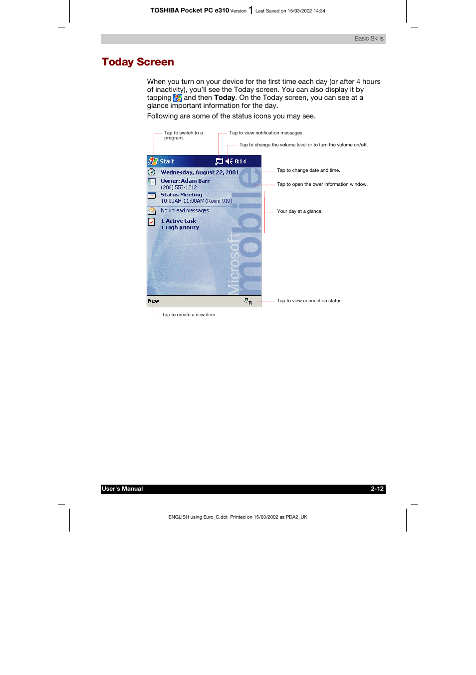 Today screen, Ions -16 | Toshiba Pocket PC e310 User Manual | Page 28 / 104