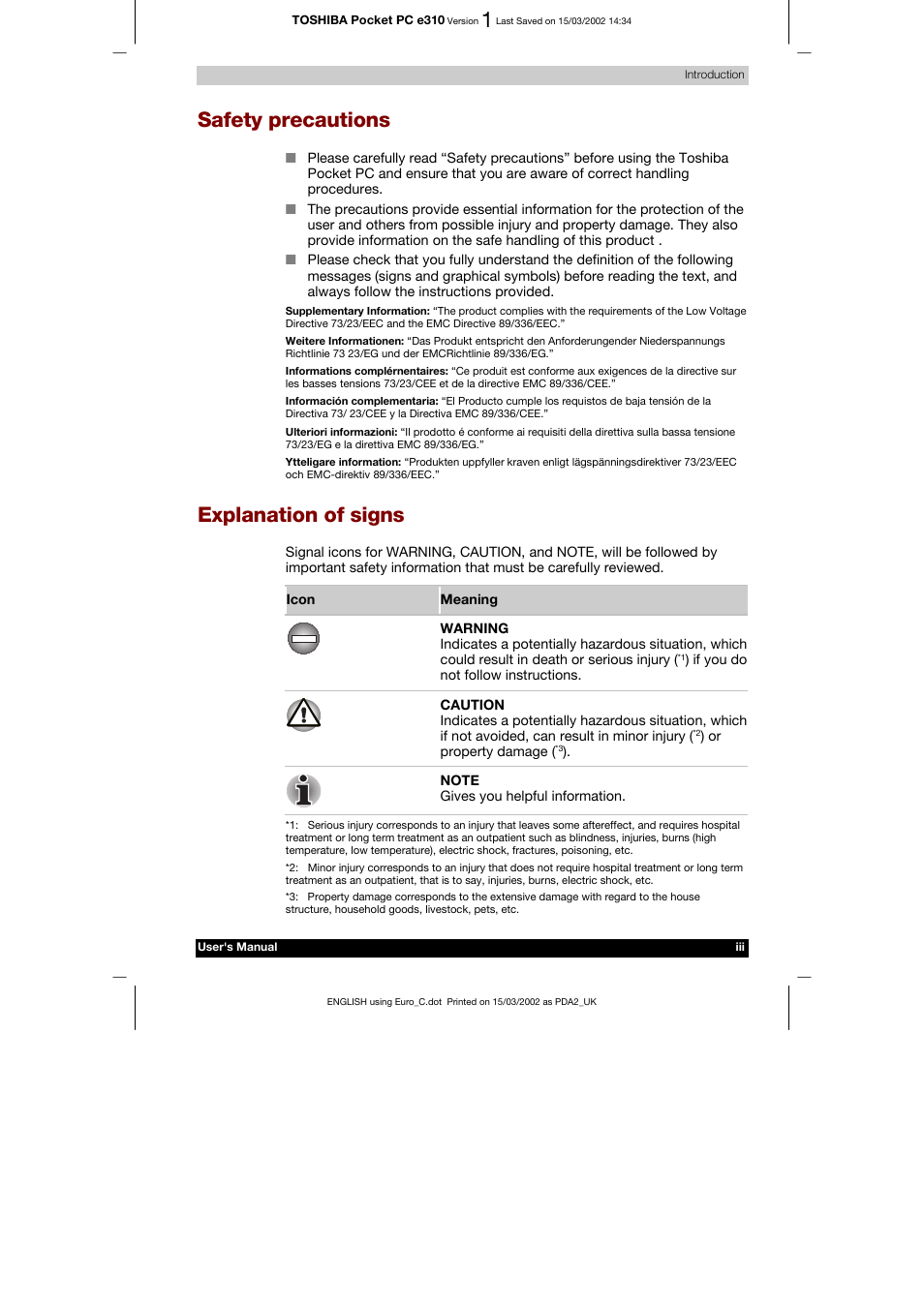 Safety precautions, Explanation of signs | Toshiba Pocket PC e310 User Manual | Page 3 / 104