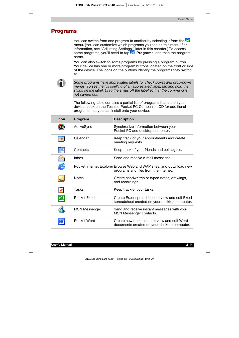 Programs, Enter information on your toshiba pocket pc -17 | Toshiba Pocket PC e310 User Manual | Page 30 / 104