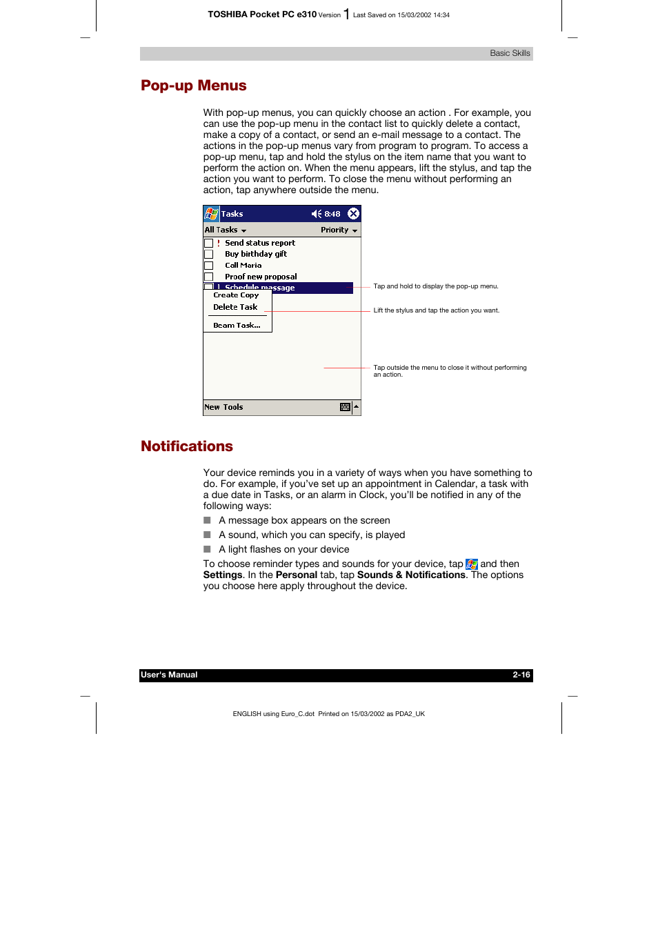 Pop-up menus, Notifications, E your toshiba pocket pc -27 | Ter 3 microsoft activesync | Toshiba Pocket PC e310 User Manual | Page 32 / 104