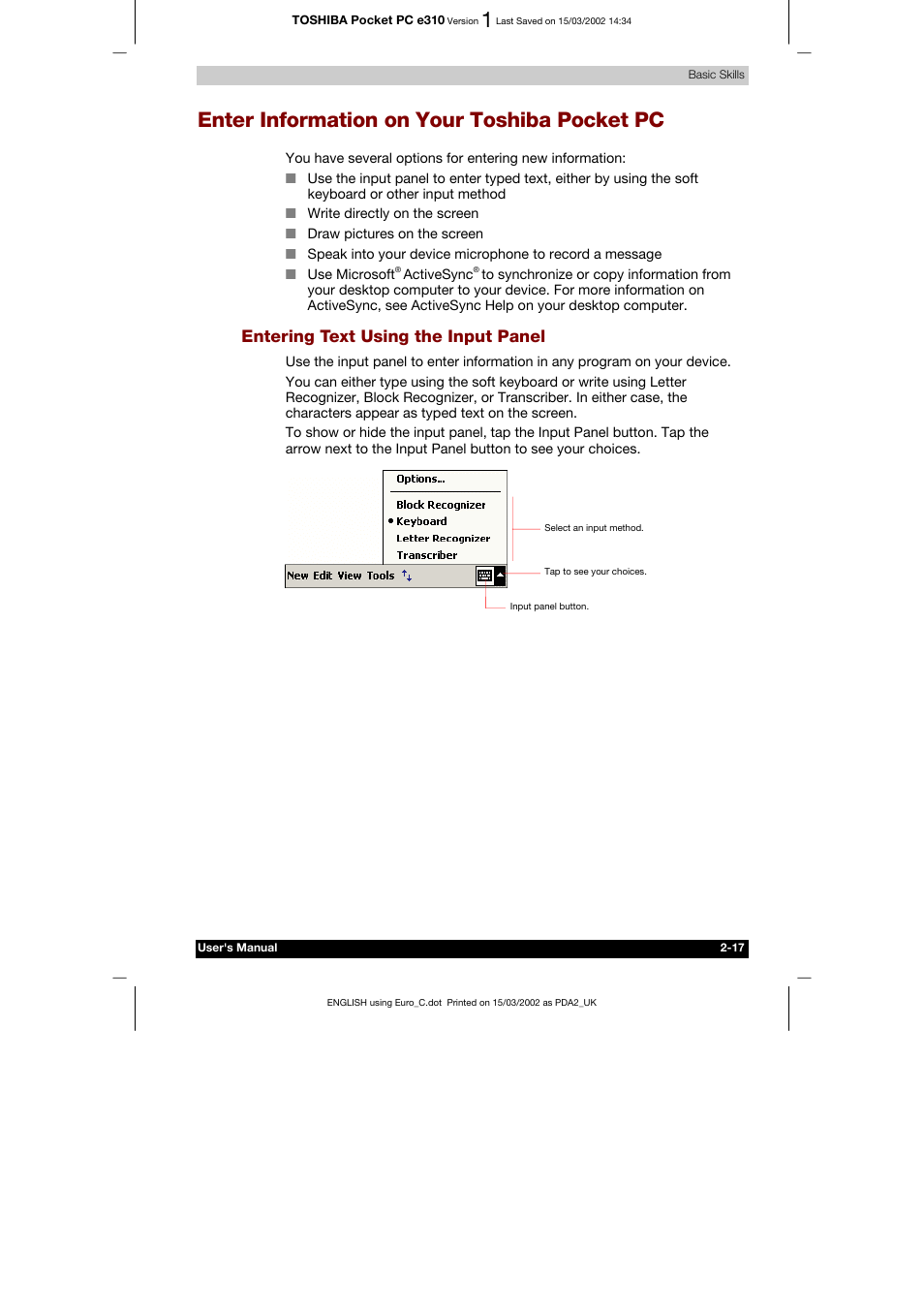 Enter information on your toshiba pocket pc, Entering text using the input panel | Toshiba Pocket PC e310 User Manual | Page 33 / 104