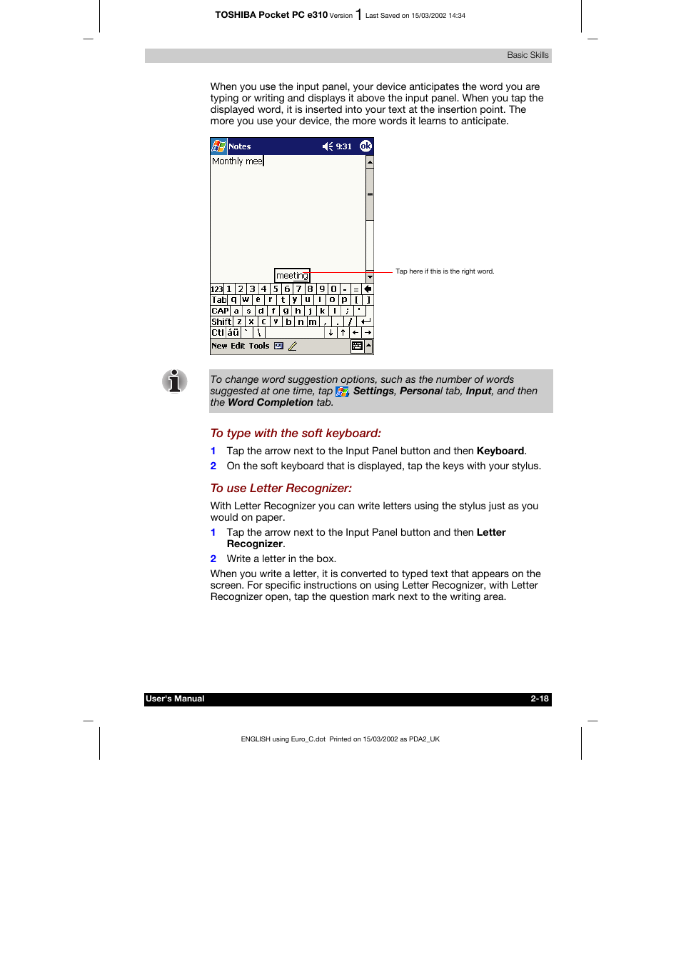 Toshiba Pocket PC e310 User Manual | Page 34 / 104