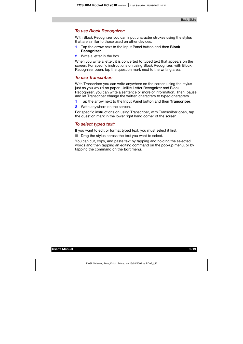 Toshiba Pocket PC e310 User Manual | Page 35 / 104