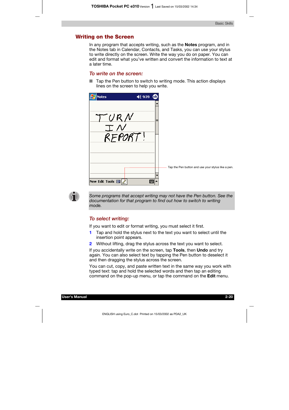 Writing on the screen | Toshiba Pocket PC e310 User Manual | Page 36 / 104