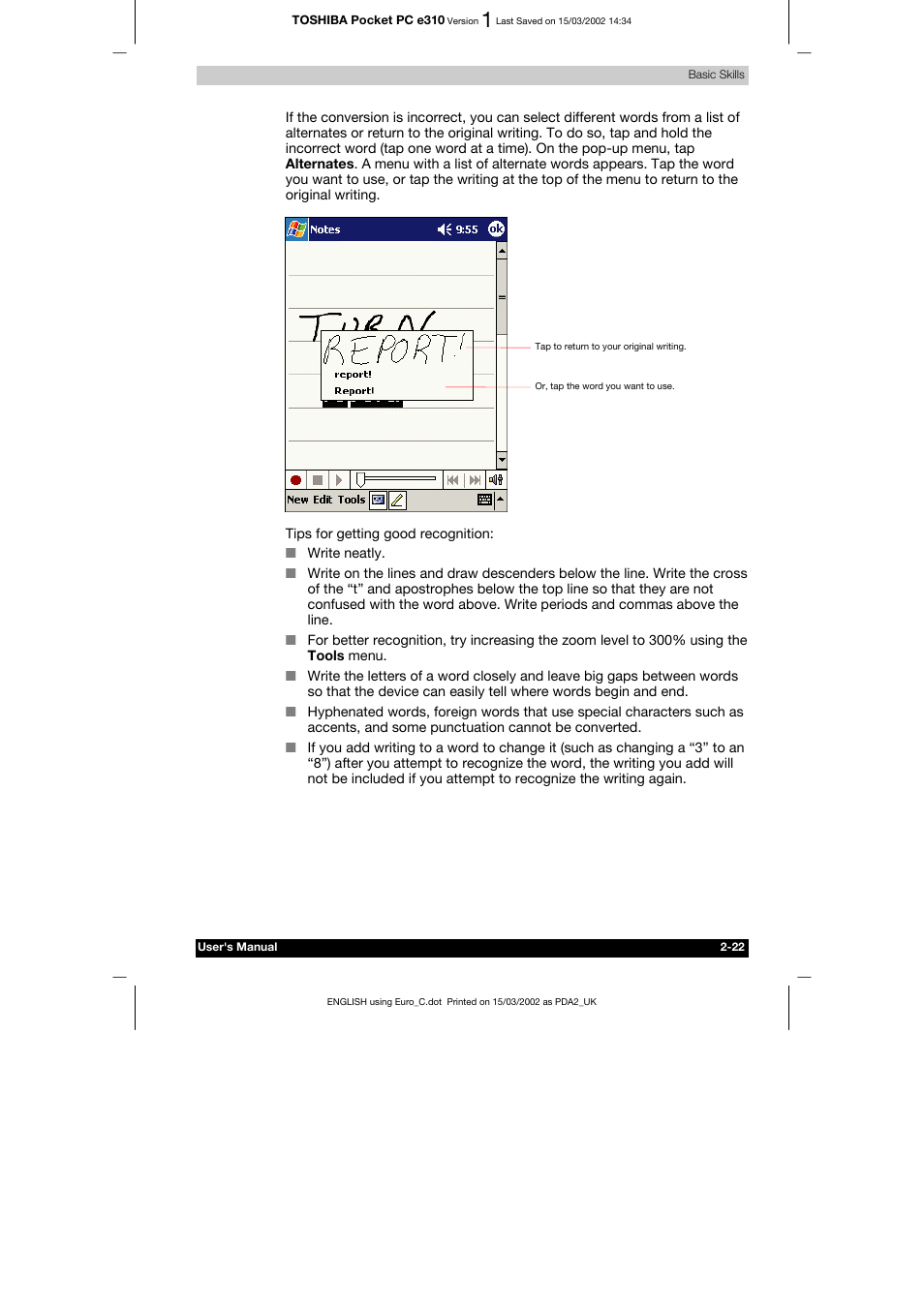 Toshiba Pocket PC e310 User Manual | Page 38 / 104