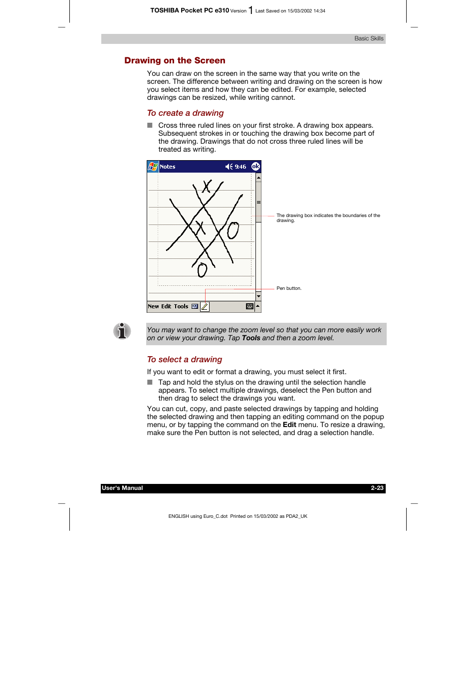 Drawing on the screen | Toshiba Pocket PC e310 User Manual | Page 39 / 104